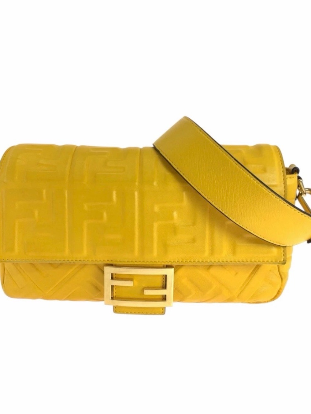 Fendi Baguette Yellow Embossed FF Shoulder Bag with Gold-Tone Hardware
